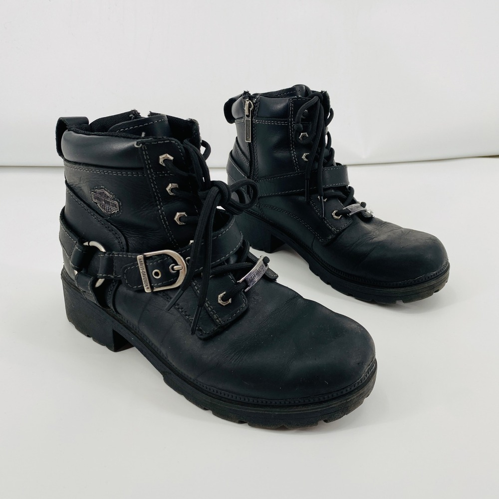 Harley Davidson Moto Boots Women Size 8.5 Black Leather Harness Lace Up Side Zip